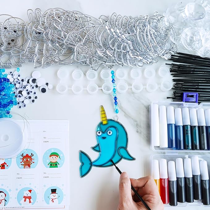 Winlyn 33 Sets Winter Polar Animal Suncatchers Ornaments Decorations DIY Window Paint Art Suncatchers Winter Craft Kits Winter Sun Catchers for Kids Christmas Holiday Classroom Activities Art Project