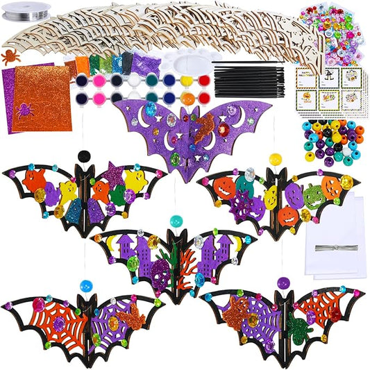 Winlyn 24 Sets Halloween Crafts Bat Crafts DIY Halloween 3D Bat Craft Kits Unfinished Paintable Wood Bat Halloween Crafts for Kids Classroom Activities Art Project Halloween Decorations Party Favors