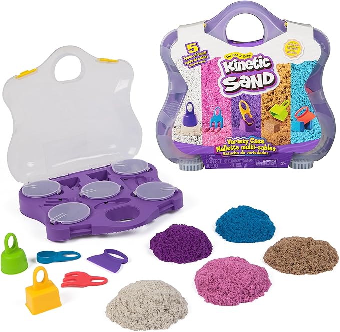 Kinetic Sand, Variety Case with 2lbs Play Sand (Beach, Neon & Shimmer) & 5 Tools, Reusable Storage, Sensory Toys for Kids Ages 3 and up