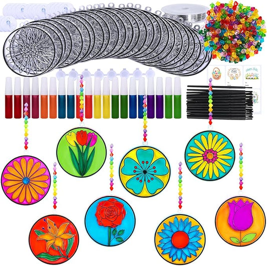 Winlyn 24 Sets Spring Flower Suncatchers Ornaments Decorations DIY Window Paint Art Suncatchers Spring Craft Kit Suncatchers Painting Kits for Kids Classroom Spring Activities Art project Party Favors