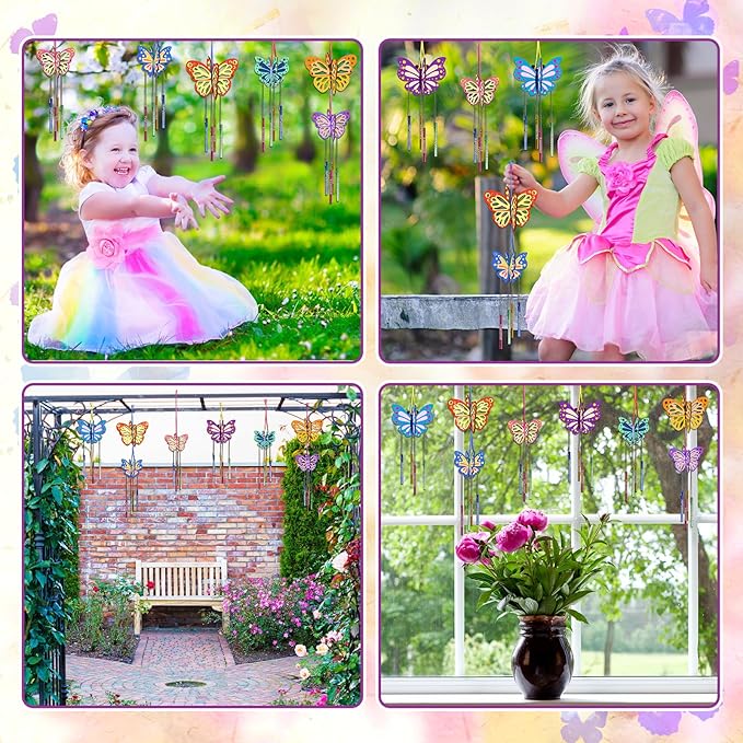 Fennoral 8 Pack 3D Butterfly Wind Chime Kit for Kids Make Your Own Butterfly Wind Chime Wooden Arts and Crafts for Kids DIY to Paint Butterfly Craft for Winter Spring Art Activity Birthday Party