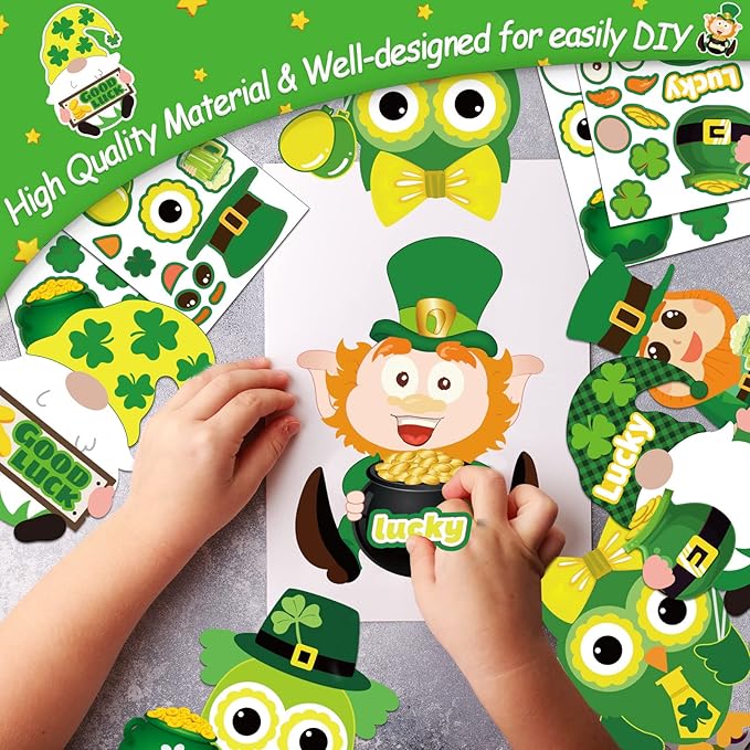 chiazllta 30 PCS St. Patricks Day Craft Kits for Kids DIY Leprechauns Shamrock Owl Gnome Sticker Craft Ornament St. Patricks Art Craft for Party Home Class School Game Activities