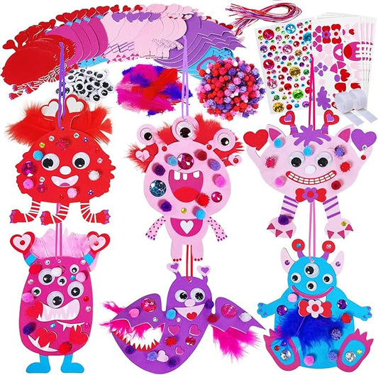 Winlyn 24 Sets Valentine Decorations DIY Valentine Monster Ornaments Craft Kits Hearts Monster Art Sets Foam Valentine Stickers for Kids Valentine's Day Party Classroom Activities Gift Exchange