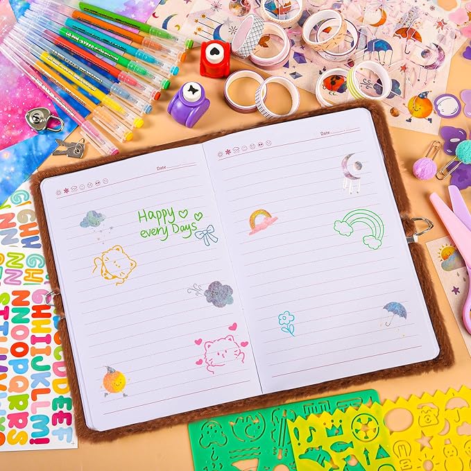 LiYiQ Plush Highland Cow Diary Gift for Girls Kids Travel Journal Secret Diary with Scrapbook Paper Stickers Journal Stencils Pompom Pen and Washi Tape Practical Set Gift for Birthday Christma