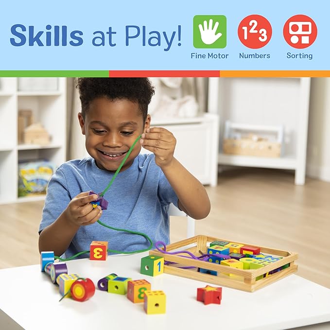 Melissa & Doug Deluxe Wooden Lacing Beads - Educational Activity With 27 Beads and 2 Laces