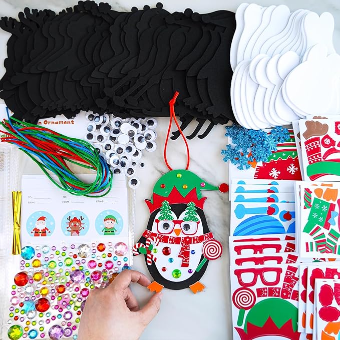Winlyn 24 Sets Christmas Craft Kits Winter Crafts DIY Christmas Penguin Ornaments Decorations Art Sets Foam Penguin Christmas Stickers for Kids Holiday Festive Home Classroom Activities Party Favors