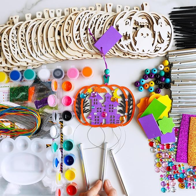 Winlyn 24 Sets Halloween Crafts Fall Pumpkin Crafts DIY Unfinished Paintable Wooden Pumpkin Wind Chimes Ornaments Craft Kits for Kids Classroom Activities Art Project Halloween Decoration Party Favors