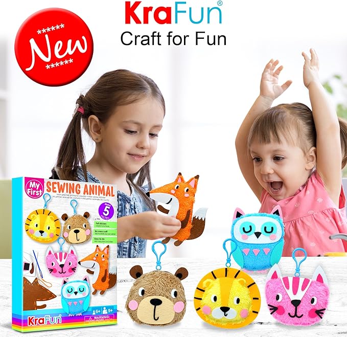 KRAFUN My First Sewing Animal for Kids, Beginner Art & Craft, 5 Easy Activities Stuffed Animal Dolls, Keyring Charms, Instructions & Felt Materials for Learn to Sew, Embroidery