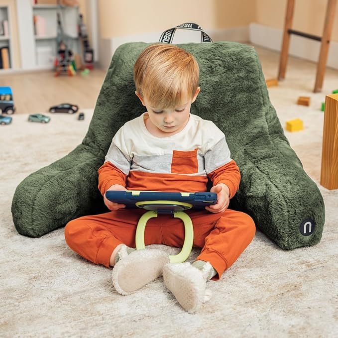 Nestl Fur Reading Pillow, Stylish Back Pillow for Bed Sitting Up, Faux Fur Bed Chair Pillow with Arms, Reading Pillows for Sitting in Bed Adult & Kids, Back Support Pillow for Bed Rest - Olive Green