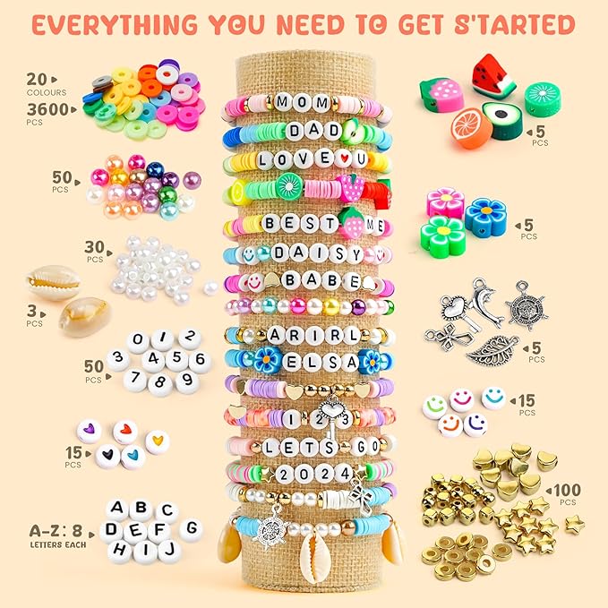 Paodey Girls Gifts Bracelet Making Kit, 20 Colors Polymer Clay Beads with Charms Arts and Crafts Kit Jewelry Making Set Birthday Gift Idea Girl Toys Gifts for Kids Ages 6-13