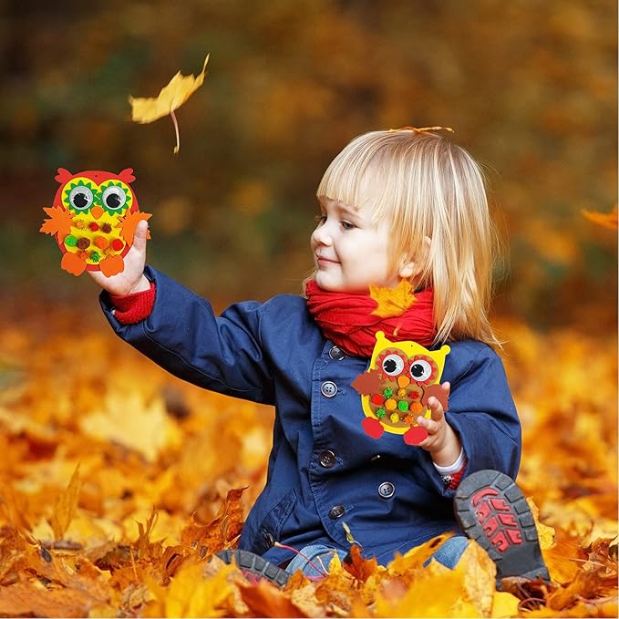 Winlyn 24 Sets Foam Owl Decorations DIY Owl Fall Craft Kit Assorted Foam Owl Shapes with Autumn Leaves Pumpkins Googly Eyes Pom-Poms for Kids Gift Halloween Thanksgiving Holiday Classroom Art Activity