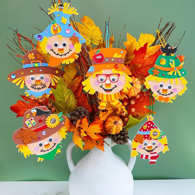 Winlyn 24 Sets Fall Craft Kits Autumn Scarecrow Crafts Fall Scarecrow Head Craft Kits Maple Leaves Pumpkins Harvest Foam Stickers Arts and Crafts for Kids Classroom Activities Holiday Party Favors