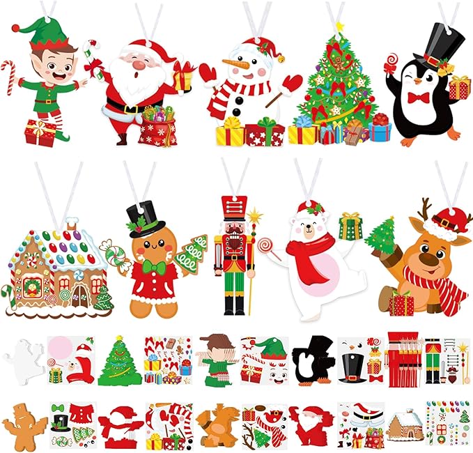 Dianelhall 50 Pcs Christmas Crafts Kits for Kids Christmas Arts and Crafts DIY Christmas Ornament Kit with Christmas Craft Stickers Make Your Own Christmas Craft Projects for Holiday Xmas Party Favors