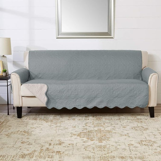 Medallion Stitched Solid Furniture Protector Stain Resistant Durable Furniture Protector Elenor Collection (Sofa, Mirage Gray/Flax)