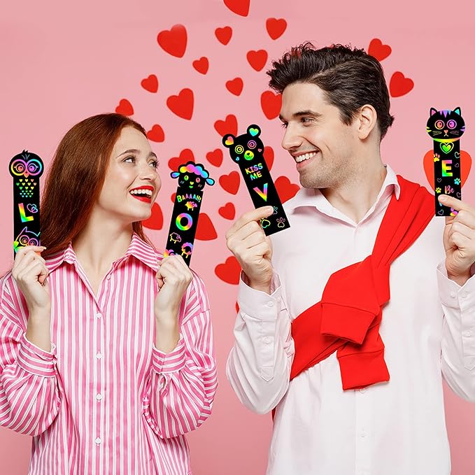 WATINC 28 Set Valentine's Day Animals Scratch Bookmarks with Cards for Kids, Valentine Scratch Off Card Art Craft Kit, Exchange Gift DIY Magic Color Paper for Classroom School Home Party Favor