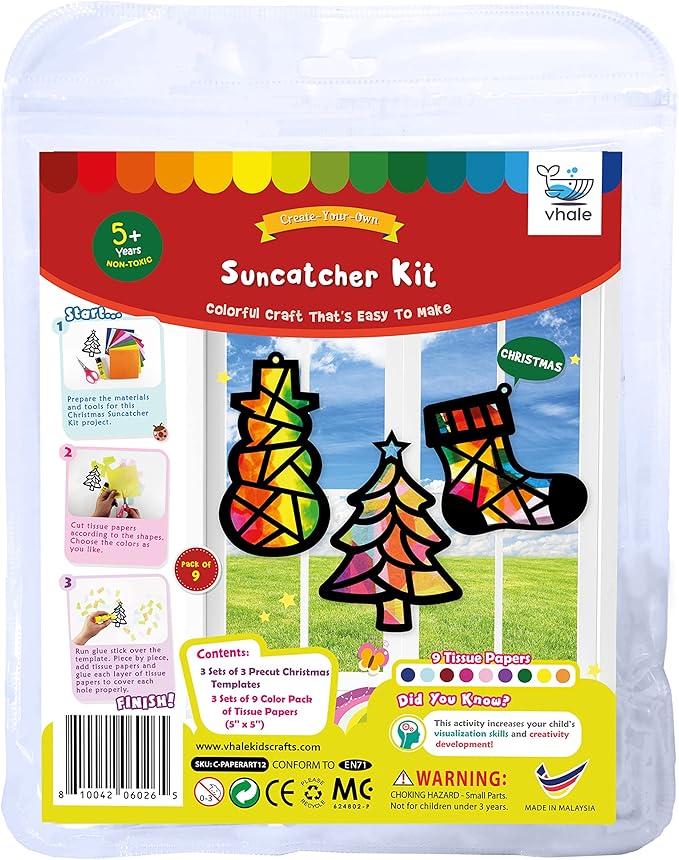 VHALE Suncatchers Craft 3 Sets (9 Cutouts) w Tissue Papers Stained Glass Effect Paper Sun Catcher Kit, Window Art, Classroom Crafts, Creative Art Projects, Kids Party Favors (Christmas)