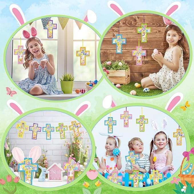 Tinlade 24 Set Happy Easter Suncatcher Craft Kit Religious Cross Suncatcher Craft Window DIY Tissue Paper Suncatcher Decoration Ornament for Easter Holiday Activities Sunday School VBS Party Favors