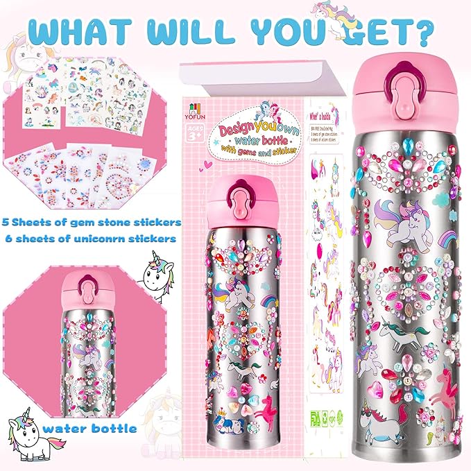 YOFUN Decorate Your Own Water Bottle with 11 Sheets of Unicorn Stickers & Glitter Gems, Craft Kit & Art Kit for Children, Gift for Girls Age 4 5 6 7 8 9 10 Years Old Kids, BPA Free Insulated (Silver)