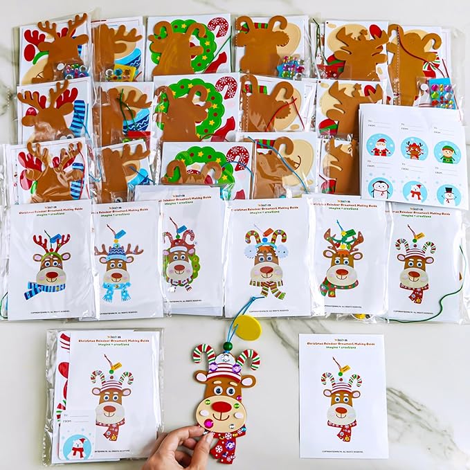 Winlyn 24 Sets Christmas Craft Kits Winter Crafts DIY Xmas Reindeer Head Ornaments Decorations Festive Foam Stickers Christmas Arts and Crafts for Kids Holiday Home Classroom Activities Party Favors