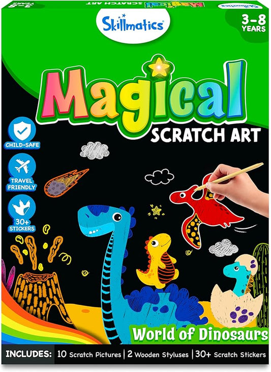 Skillmatics Magical Scratch Art Book for Kids - Dinosaurs, Craft Kits & Supplies, DIY Activity & Stickers, Gifts for Toddlers, Girls & Boys Ages 3, 4, 5, 6, 7, 8, Travel Toys