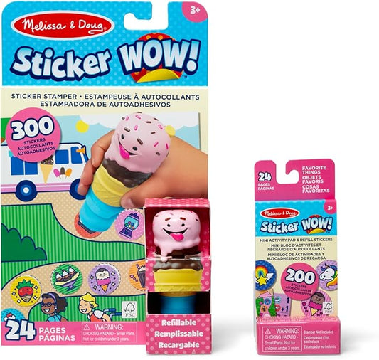 Melissa & Doug Sticker Wow!™ Ice Cream Bundle: 24-Page Activity Pad, Sticker Stamper, Mini Activity Pad, 500 Stickers, Arts and Crafts Fidget Toy Collectible Character