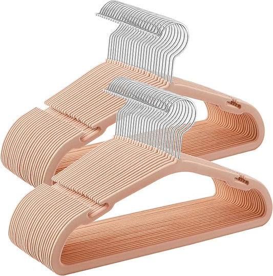 SONGMICS Kids Hangers 50 Pack, 14 x 8 Inches, Baby Hangers for Closet, Non-Slip Velvet Hangers, Childrens Hangers, Space-Saving Clothes Hangers, Wide Shoulder Notches, Coral Pink UCRF038R01