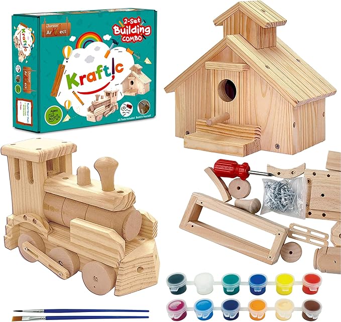 Kraftic Woodworking Building Kit for Kids and Adults, 2 Educational DIY Carpentry Construction Wood Model Kit Toy Projects for Boys and Girls - Build a Wooden Town Hall Birdhouse and Train