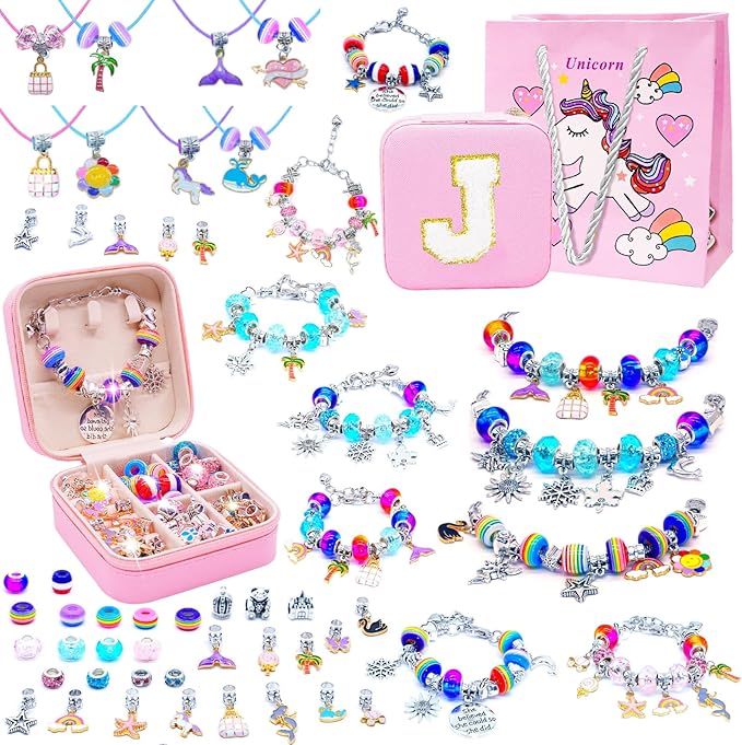 SUREHOME Charm Bracelet Making Kit, Jewelry Making Kit with Jewelry Box Arts and Crafts for Girls Ages 8-12 Personalized Birthday Christmas Gifts for 6-8 5 6 7 7+ 8+ 9 10 11 Year Old Girls -Initial J