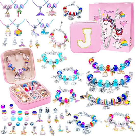 SUREHOME Charm Bracelet Making Kit, Jewelry Making Kit with Jewelry Box Arts and Crafts for Girls Ages 8-12 Personalized Birthday Christmas Gifts for 6-8 5 6 7 7+ 8+ 9 10 11 Year Old Girls -Initial J