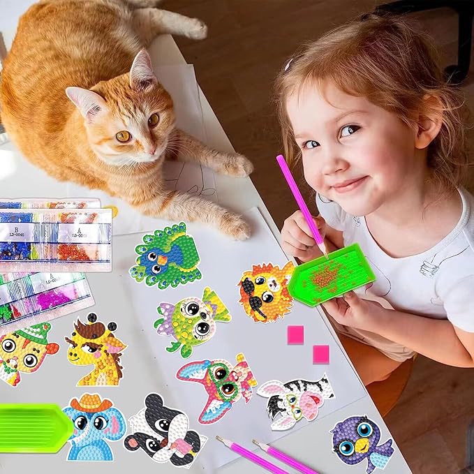 MEIEST 18 PCS Animals Diamond Art Painting Stickers Kit,DIY Mosaic Stickers by Numbers Arts and Crafts Set for Kids,Creative Handmade Gift