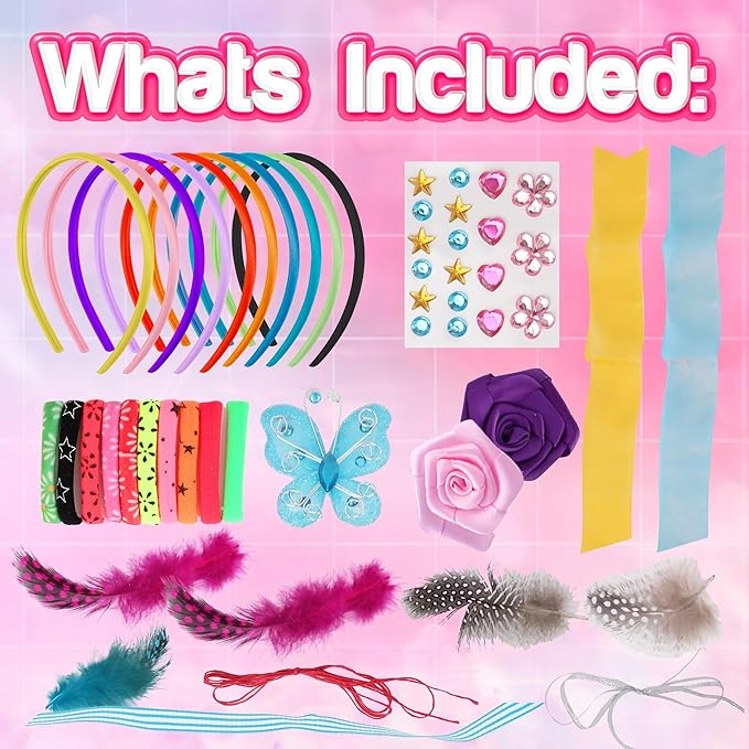 Play Brainy Rainbow Headband DIY Kit for Kids - 8 Year Old Christmas Gifts Girls with 10 Hair Bands, Hair Clasps, Flowers & More, Birthday Gifts for Girls Arts & Crafts for Family & Friends Playdates
