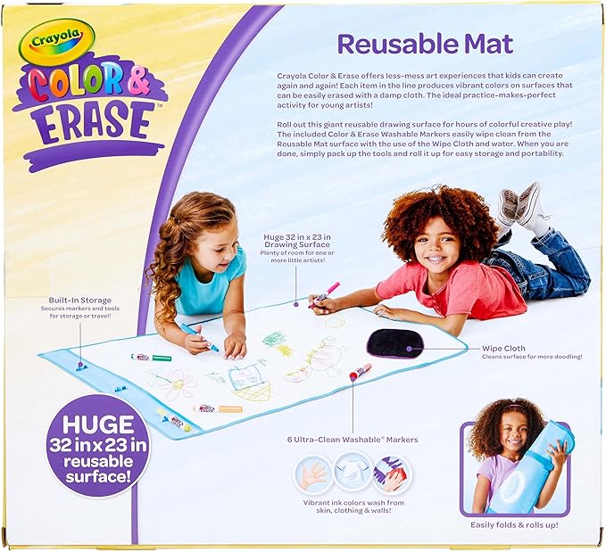 Crayola Color and Erase Mat, Giant Reusable Coloring Pad, Washable Markers, Travel Activity for Kids, Gift for Kids, Ages 3+