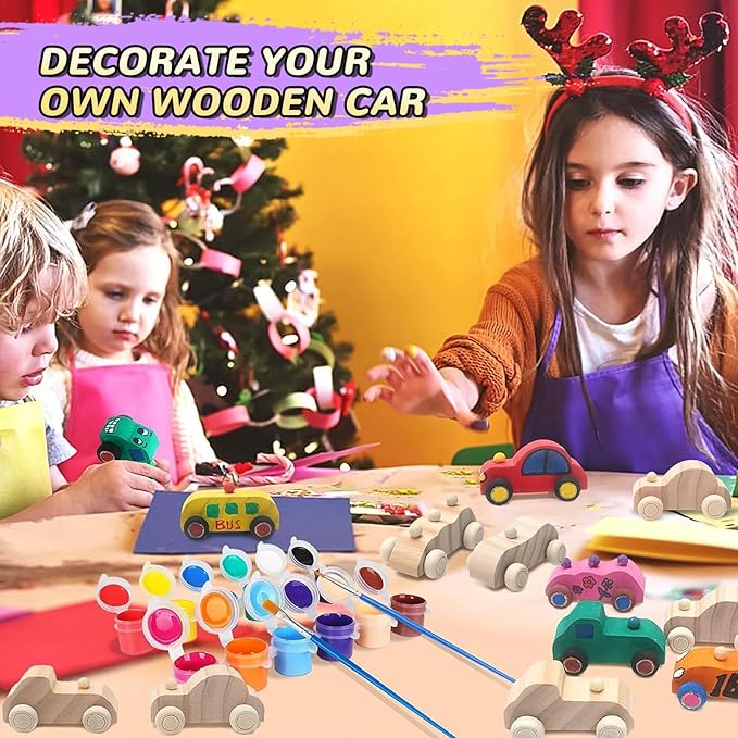 WOWOSS 14 Pcs Wooden Cars to Paint, Unfinished Wooden Craft Painting Toys for Students, Race Car Paint Party Birthday Party Favors, with 3 Sets of Paint & 5 Car Sticker Sheets