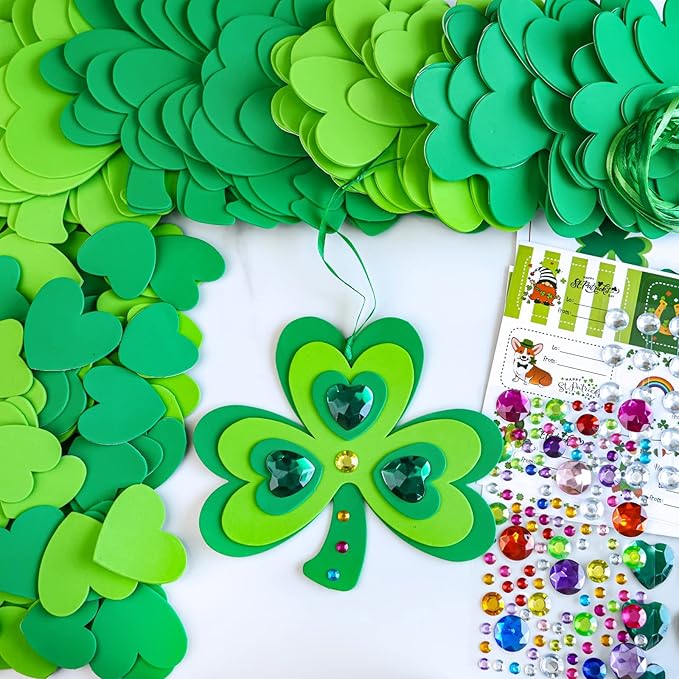 Winlyn 24 Sets St. Patrick's Day Shamrock Ornaments Decorations DIY St. Pat's Craft Kits Assorted Foam Lucky Shamrock Four-Leaf Clover Stickers for Kids Classroom Activities Party Favors Art Project