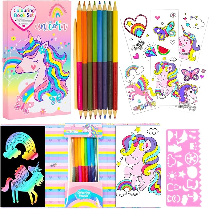 Unicorn Coloring Book Set with Coloring Pages & Colored Pencils, Art Supplies for Kids Ages 4-6-8, Arts Crafts Travel Coloring Kit for Girls 4 5 6 7 8 Year Old Birthday Gift