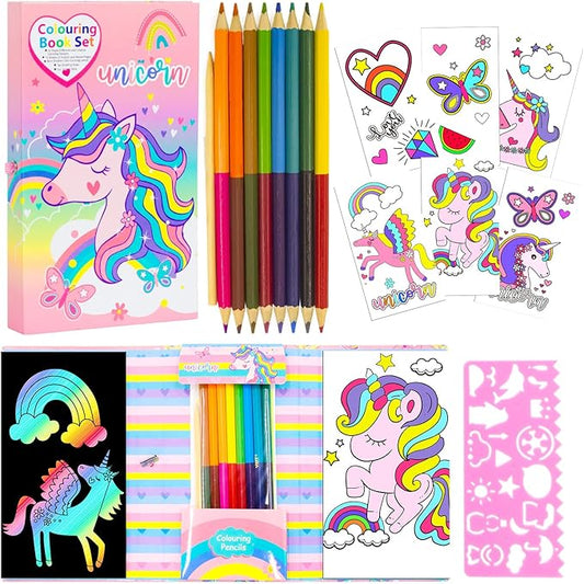 Unicorn Coloring Book Set with Coloring Pages & Colored Pencils, Art Supplies for Kids Ages 4-6-8, Arts Crafts Travel Coloring Kit for Girls 4 5 6 7 8 Year Old Birthday Gift