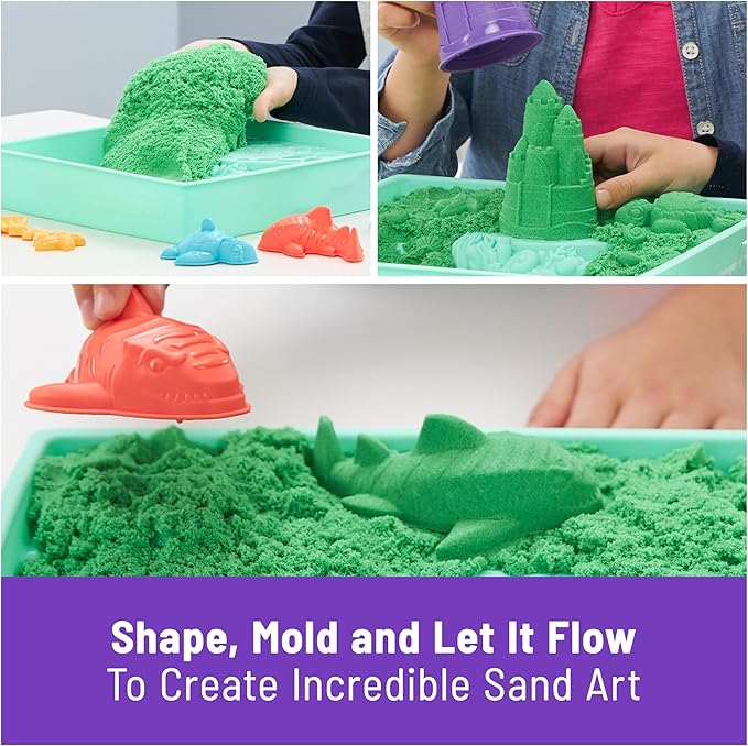 Kinetic Sand, Sandbox Set with 1lb Green Play Sand, 4 Tools & Molds, Storage, Sensory Toys for Kids Ages 3 and up