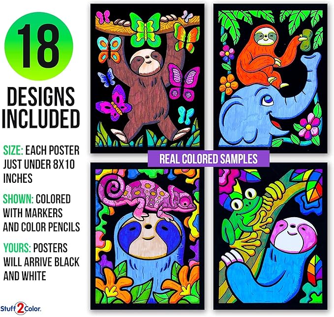 Stuff2Color Super Pack of 18 Fuzzy Velvet Coloring Posters (Sloth Adventures) - Arts & Crafts for Girls and Boys - Great for After School, Travel, Planes, Group Activities, and Coloring with Friends