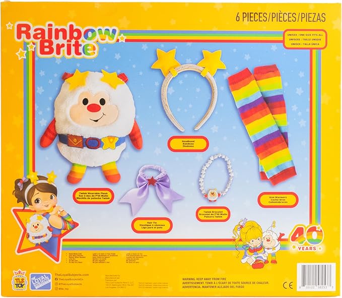 Rainbow Brite 6-Piece Set with adjustable Plush Backpack, Sparkle Star Headband, Rainbow Arm Warmers, Purple Bow Hair Tie, Sprite Bracelet. One size/Adults, Kids. Great for costumes, cosplay, dress up