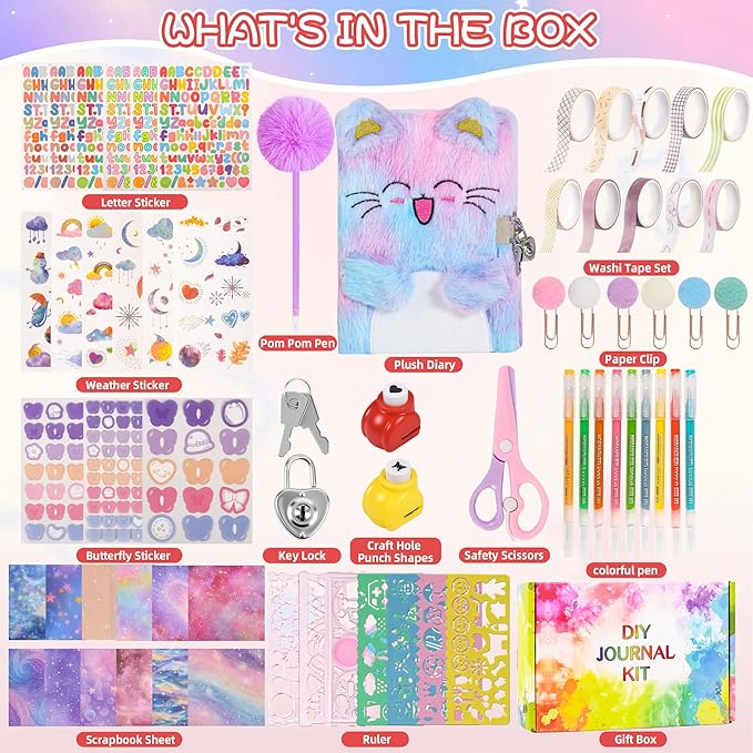 LiYiQ Plush Cat Diary Gift for Girls Kids Travel Journal Secret Diary with Scrapbook Paper Stickers Journal Stencils Pompom Pen and Washi Tape Practical Set Gift for Birthday Christma