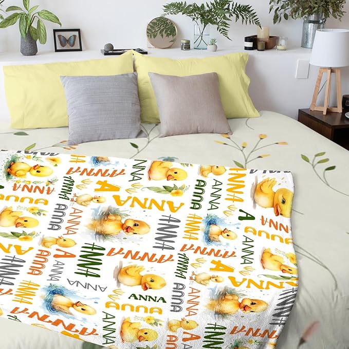 Custom Name Duck Blanket for Girls Adult duck Blanket Kids Funny Blanket Suitable for bedroom bed sofa Crib Couch Chair outdoor All Season Items That Yellow Duck Lovers Will Love80"x60"for Adult