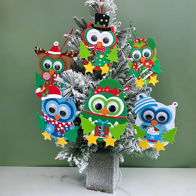 Winlyn 24 Sets Christmas Craft Kits Winter Crafts DIY Christmas Owl Ornaments Decorations Art Sets Foam Owl Christmas Tree Holiday Stickers for Kids Festival Home Classroom Activities Party Favors