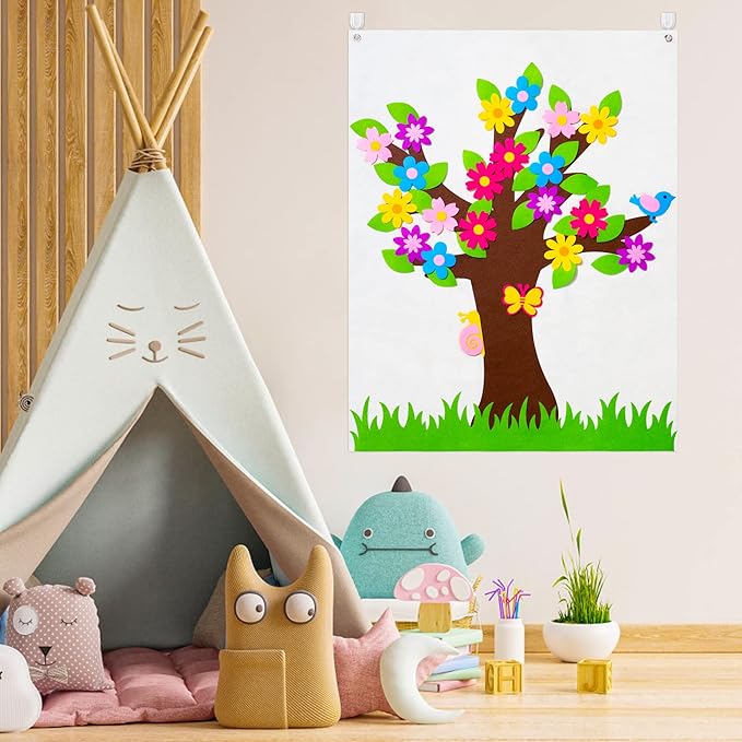 WATINC 49Pcs DIY Spring Tree Felt Board Craft Kit, Flower Leaf Butterfly Snail Bird Detachable Ornaments Spring Party Decoration for Kids, Activity Creative Game Wall Hanging Decor for Home Classroom