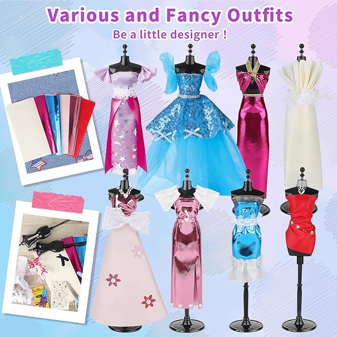 deAO Fashion Design Kit for Girls with Mannequins Creativity DIY Arts & Crafts Toys Doll Clothes Sewing Kit Kids Learning Toys Craft Activities with Real Fabric and Sewing Tools for Age 3+