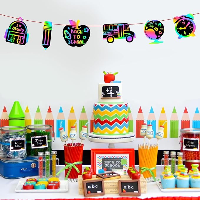 WATINC 60pcs Back to School Scratch Art for Kids, Paper Scratch Off Cards Craft Kit, Pencil Bus Bag Magic Color Bookmarks Party Favors, School Classroom Appreciation Activity DIY Project