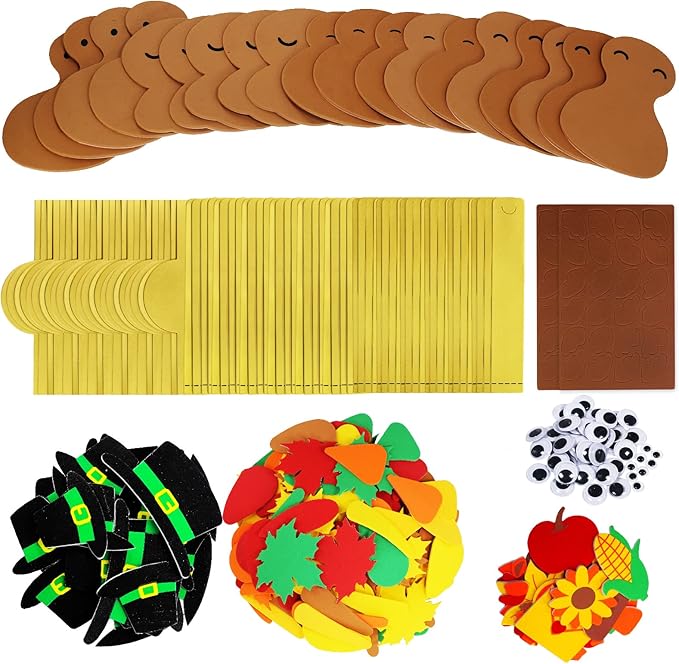 Winlyn 24 Sets Thanksgiving Turkey Headbands Fall Thanksgiving Craft Kits DIY Turkey Hats with Fall Leaf Pumpkin Turkey Feather Foam Stickers Googly Eyes Art Sets for Kids Party Classroom Activities