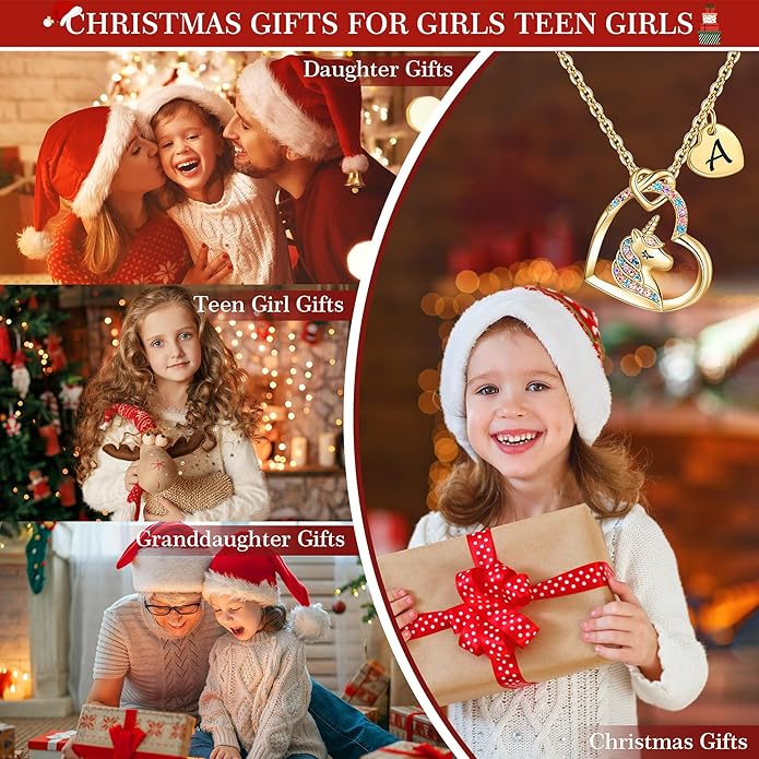 Hidepoo Stocking Stuffers for Teen Girls Kids - Colorful CZ Heart Pendant Initial Unicorn Necklaces for Girl Jewelry Birthday Gift Christmas Gifts for Grandkids Girls Kid