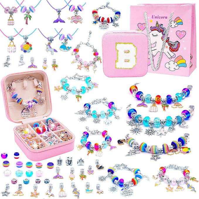 SUREHOME Charm Bracelet Making Kit Kids Jewelry Making Kit with Initial Jewelry Box Art Craft for Girls 8-12 6-8 5-7 9 11 10 Year Old Teen Girls Trendy Stuff Personalized Birthday Christmas Gifts - B