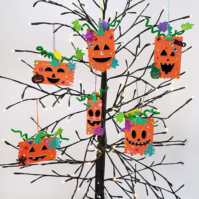 Winlyn 24 Sets Fall Crafts Kits Halloween Crafts Individual Fall Kids Crafts DIY Pumpkin Fall Decorations Craft Sticks Pumpkin Foam Stickers Arts and Crafts for Kids Classroom Activities Party Favors