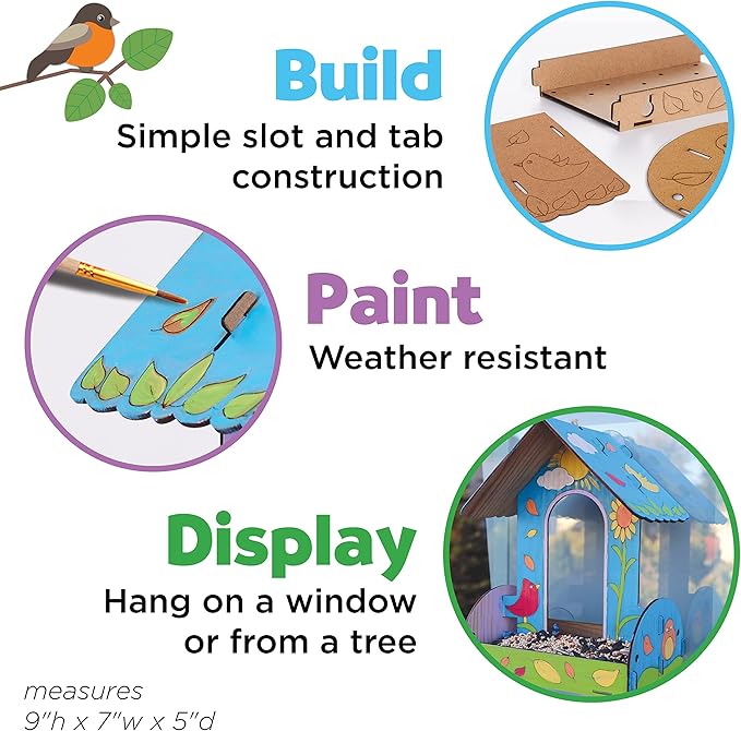 Creativity for Kids Build and Paint Bird Feeder Wood Craft Kit - DIY Bird House Kit for Children, Outdoor Activities for Kids Age 6+,Yellow,orange,blue,white,green,violet